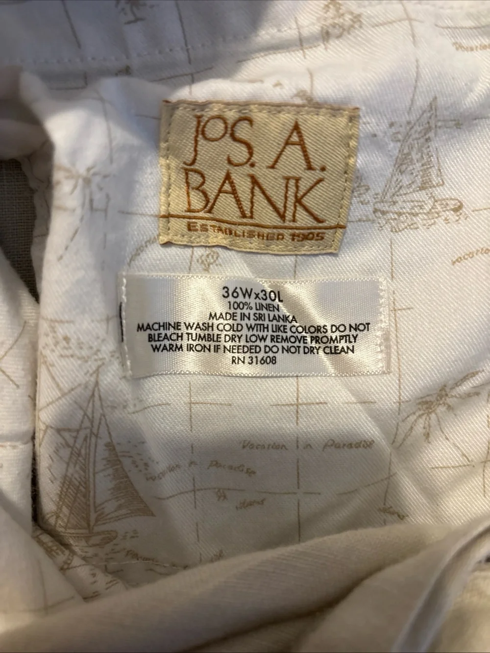 Jos. A. Bank Men's Size 38 Beige Beach Vacation 100% Linen Pants